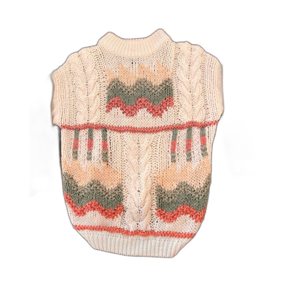 Vintage 90’s Y2K Hand Knit Cream Pink & Green Cabincore Cottagecore Sweater Sz M - Picture 5 of 8